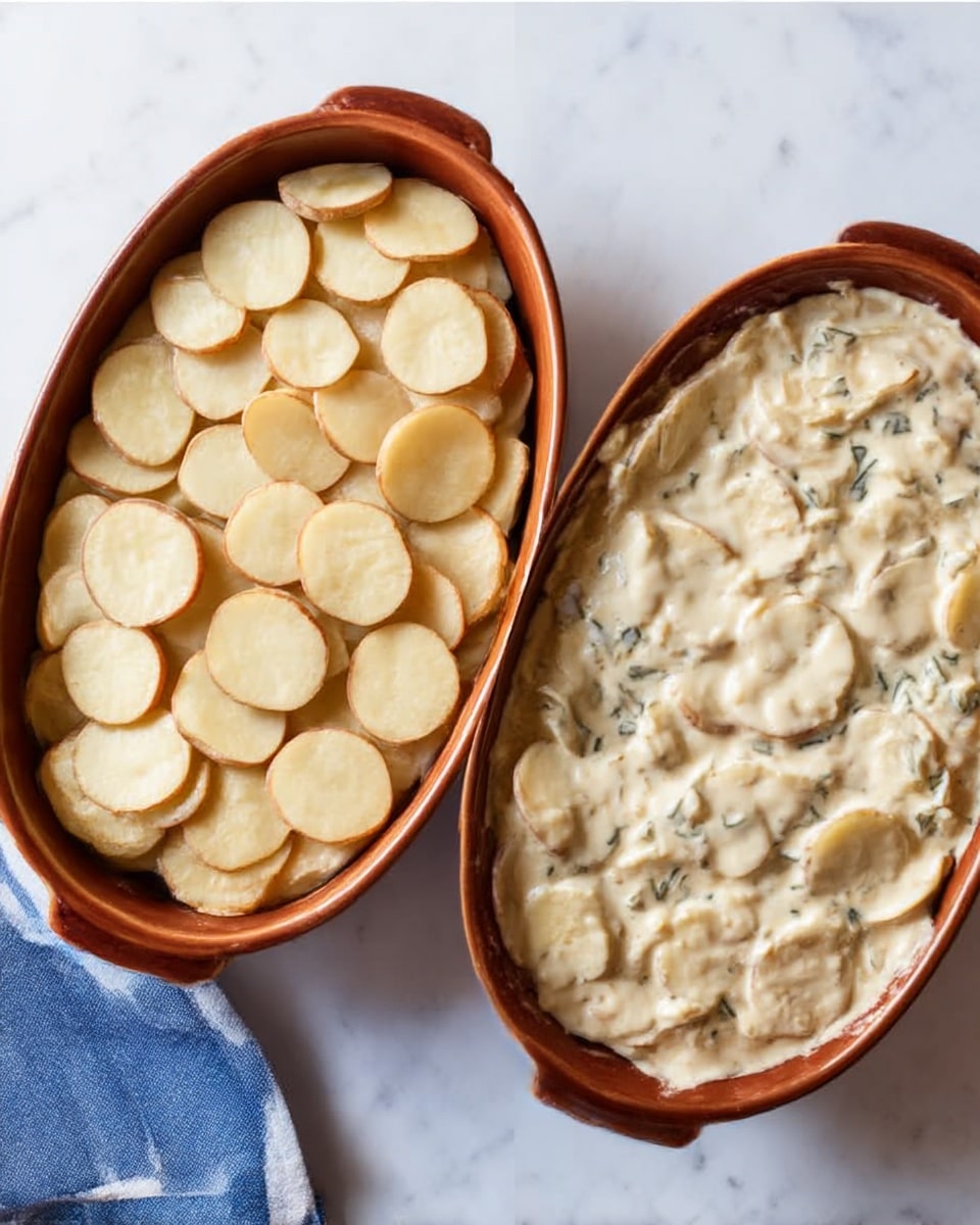The image shows a white oval plate on the left with a small pile of round, thin potato slices covered in a creamy yellowish sauce with herbs and pepper on top. To the right, there is a brown oval baking dish filled with several layers of potato slices and sauce, with the top layer bubbling and covered in a creamy yellow sauce with herbs. A wooden spoon rests inside the baking dish, partially covered by the sauce. The dishes sit on a white marbled surface with a blue-and-white striped cloth near the baking dish. Photo taken with an iphone --ar 4:5 --v 7