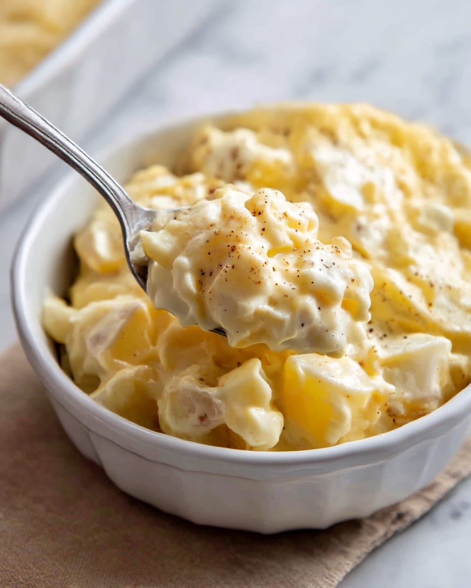 A white ceramic bowl filled with creamy yellow potato salad that has soft white chunks of potatoes mixed throughout. The surface of the salad is smooth with some small lumps and a light sprinkling of black pepper on top. A silver spoon is scooping a portion, showing the thick and rich texture of the salad. The bowl sits on a beige cloth, placed on a white marbled surface in soft natural light. photo taken with an iphone --ar 4:5 --v 7