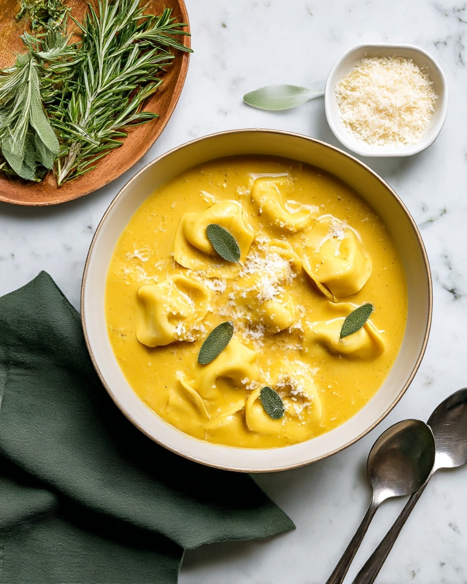 A bowl filled with creamy yellow pumpkin soup with soft tortellini floating on top, each tortellini showing light folds and smooth texture, sprinkled with small green sage leaves and a little grated cheese that adds a white contrast. The bowl is white with a simple rim, set on a white marbled surface. Next to the bowl is a small white dish with finely grated Parmesan cheese and a wooden plate holding fresh rosemary and sage herbs, showing bright green colors and soft leaf textures. Two silver spoons rest on a dark green cloth napkin nearby, adding a metallic shine to the scene. Photo taken with an iphone --ar 4:5 --v 7