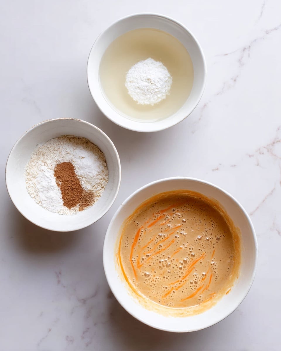 The image shows three white bowls on a white marbled surface. The first bowl has a clear liquid and a white powder, positioned at the top left. The second bowl, placed below the first, contains dry ingredients like flour, white powder, and brown powder, slightly mixed. The third and largest bowl on the right side holds a wet mixture with visible orange streaks evenly spread through a light brown batter. The texture of the batter is smooth but with small bubbles on the surface. Photo taken with an iphone --ar 4:5 --v 7