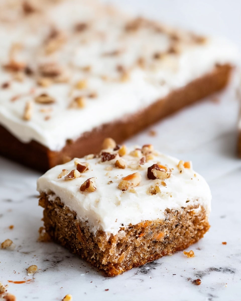 A square slice of moist carrot cake with visible small orange carrot bits and dark specks sits on a white marbled surface. The cake has one thick layer of light brown, textured cake at the bottom, topped with a creamy, smooth white icing layer sprinkled with small chopped nuts scattered unevenly. Behind the slice is a larger rectangular piece of the same cake with a similar thick white icing layer and nut topping. The edges of the cake pieces are clean, showing the contrast between the dense cake and soft icing. Photo taken with an iphone --ar 4:5 --v 7