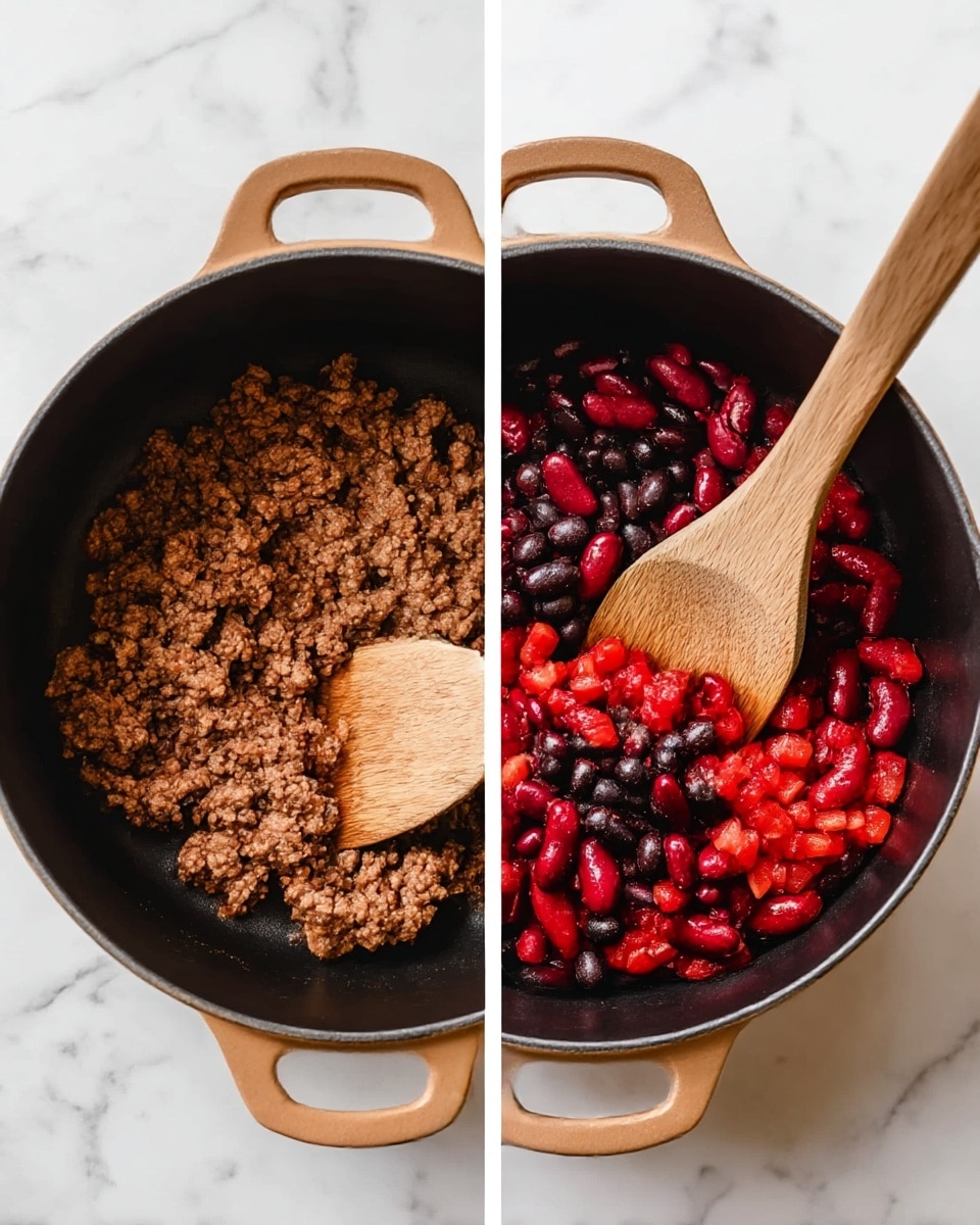 Two side-by-side images show the cooking process inside a black pot with a tan interior, placed on a white marbled surface. The first image has browned ground meat at the bottom of the pot, with a wooden spatula resting on the right side inside the pot. The second image shows the same pot with added red kidney beans, black beans, and diced tomatoes on top of the cooked meat, with the wooden spatula now partially covered by the beans and tomatoes. Photo taken with an iphone --ar 4:5 --v 7