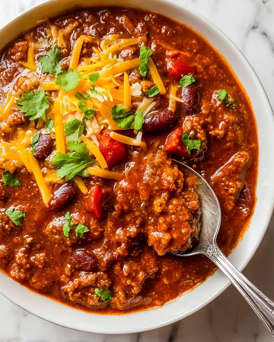 A white bowl filled with thick chili, showing a rich orange-brown sauce mixed with dark red kidney beans and black beans scattered evenly throughout. The chili has a chunky texture from visible pieces of meat and tomato. On top, there is a light sprinkling of shredded yellow and white cheese, along with small green cilantro leaves. A shiny silver spoon is resting inside the bowl, partly submerged, with some chili scooped onto it. The bowl sits on a white marbled surface with a beige cloth napkin nearby and part of a white plate of shredded cheese and a black pot of more chili visible around it. Photo taken with an iphone --ar 4:5 --v 7