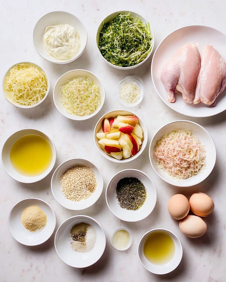 The image shows many small white bowls arranged neatly on a white marbled surface, each containing different ingredients. There are two raw chicken pieces on a white bowl at the top right. Surrounding them are finely chopped green herbs, shredded green vegetables, a bowl of sliced red and yellow apples, a bowl with small grains, and a few eggs on a white dish. Other bowls contain creamy white yogurt-like ingredients, yellow mustard, honey, oil, salt, black pepper, and minced garlic powder. The ingredients are arranged in an organized manner, showing a variety of textures and soft to crunchy colors, with tones of green, white, yellow, and pink. photo taken with an iphone --ar 4:5 --v 7