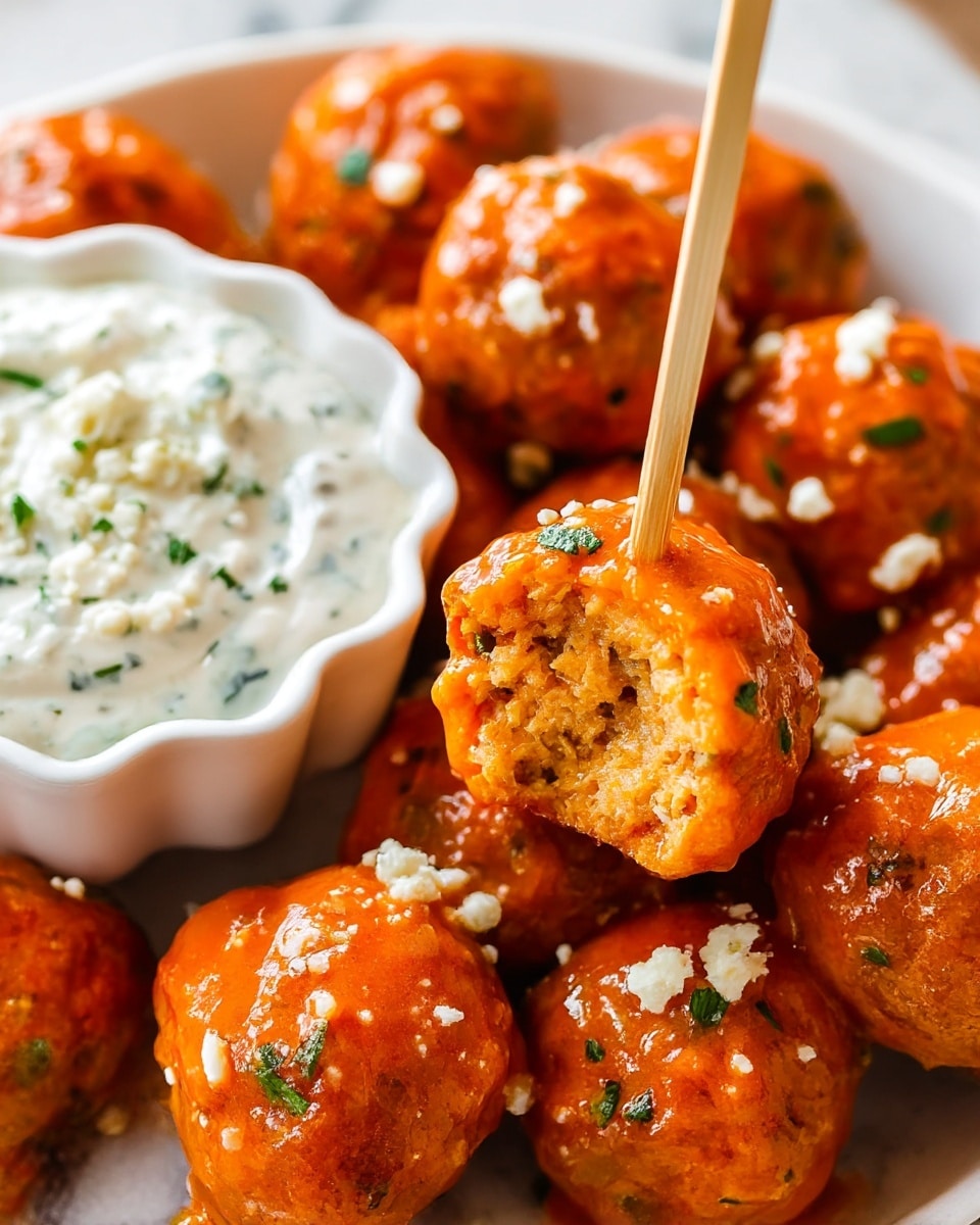 A white plate with brown decorative edges is filled with two layers of orange buffalo sauce-covered meatballs dotted with green herbs and small white cheese crumbles. On the top right of the plate, a small white scalloped bowl holds a creamy white dipping sauce with green herb specks and some small cheese bits. Surrounding the plate are bright orange carrot sticks on the upper side and fresh green celery sticks on the lower side, all set on a white marbled surface photo taken with an iphone --ar 4:5 --v 7