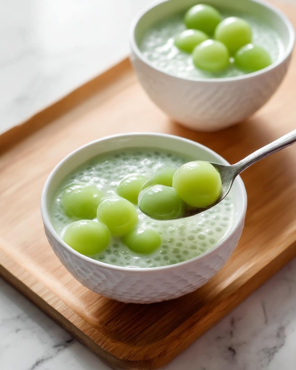 The image shows two bowls of a light green creamy soup with small round green melon balls floating on top. Each bowl has a textured surface and is placed on a small wooden board on a white marbled surface. The closest bowl is white and has a wooden spoon resting inside it, with some melon balls grouped near the center. The bowl behind is pink with more melon balls on its surface. To the right, there is a small white dish holding three green melon balls. Soft light creates shadows and highlights the smooth and frothy texture of the soup photo taken with an iphone --ar 4:5 --v 7