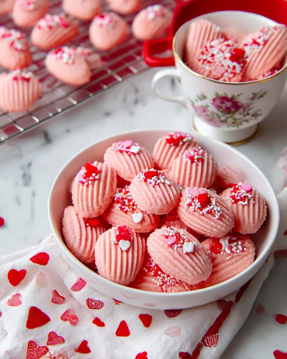 The image shows many small pink cookies with ridged texture, shaped like ovals, arranged closely in a round white bowl. Each cookie is topped with colorful sprinkles in red, white, and pink heart shapes and small rods. More cookies are seen in a white bowl with a red inside, placed on a cooling rack in the background. A small white teacup with floral designs filled with the same sprinkles sits nearby on a white marbled surface. A white cloth with red and pink hearts is partly under the main bowl, adding a festive touch. Photo taken with an iphone --ar 4:5 --v 7