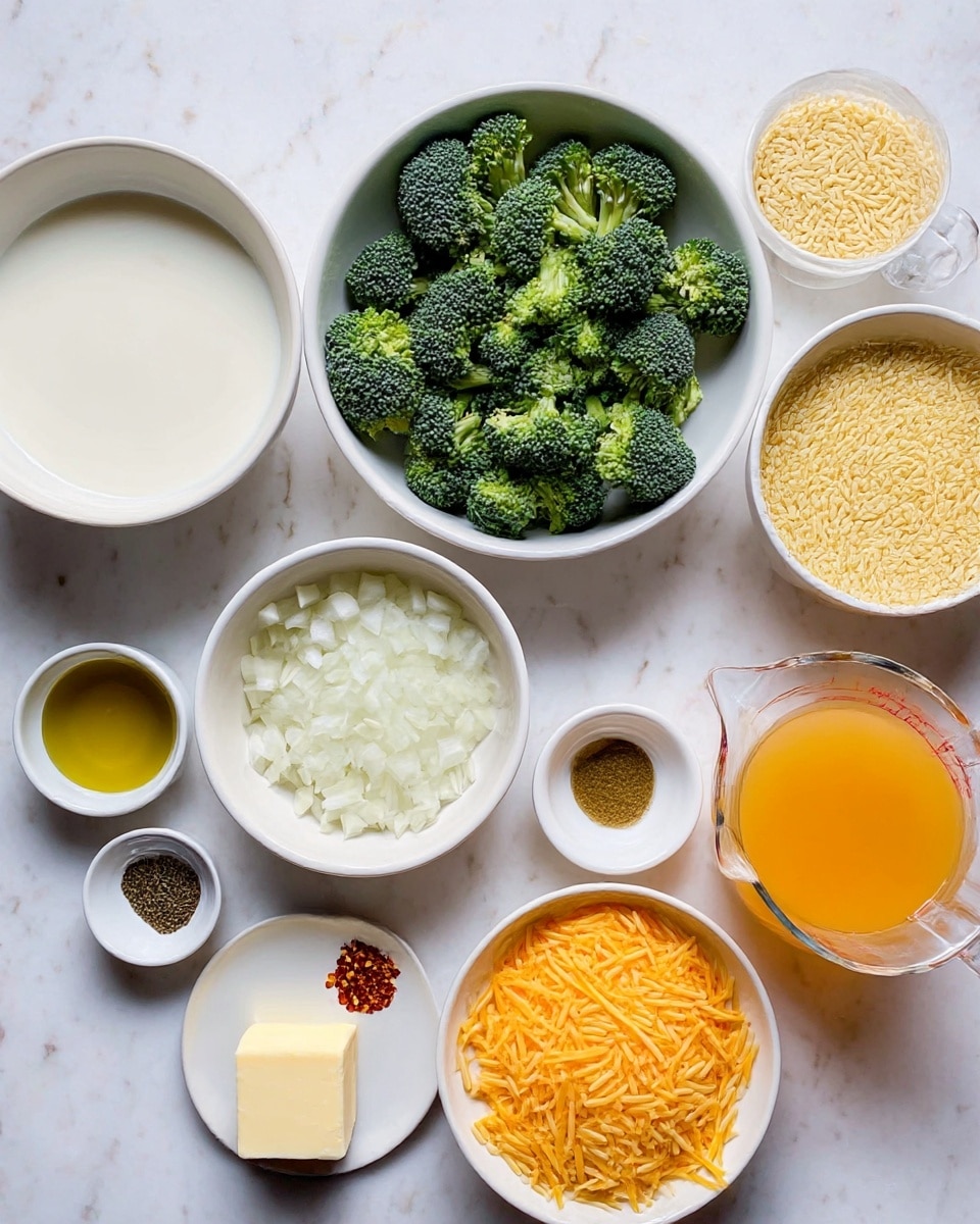 The image shows several white bowls and small dishes arranged on a white marbled surface, each holding different ingredients for cooking. There is a bowl filled with small green broccoli florets in the center, surrounded by finer chopped white onions in a small bowl and shredded orange cheddar cheese in another bowl. A bowl contains dry orzo pasta, light yellow in color, next to a larger bowl filled with white milk. Small dishes hold olive oil, minced garlic, salt, black pepper, and red chili flakes. There is also a small square piece of butter on a tiny white plate, and a transparent measuring jug of orange liquid, likely broth, on the side. All items are neatly placed and well-lit, with clear details and colors. Photo taken with an iphone --ar 4:5 --v 7