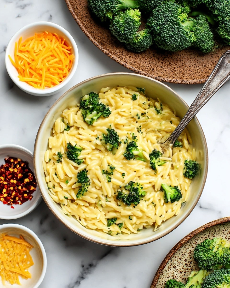 A large white pan filled with creamy yellow orzo pasta mixed with bright green broccoli pieces, stirred by a wooden spatula. The orzo has a smooth, saucy texture with small black pepper flakes scattered on top. Around the pan, a small white bowl of vibrant orange shredded cheese rests near the top, and a white bowl holding dense green broccoli florets is nearby. Below the pan, two small dishes contain coarse salt and crushed red pepper flakes. The whole scene is set on a white marbled surface with a folded dark green cloth napkin on the lower right side. photo taken with an iphone --ar 4:5 --v 7