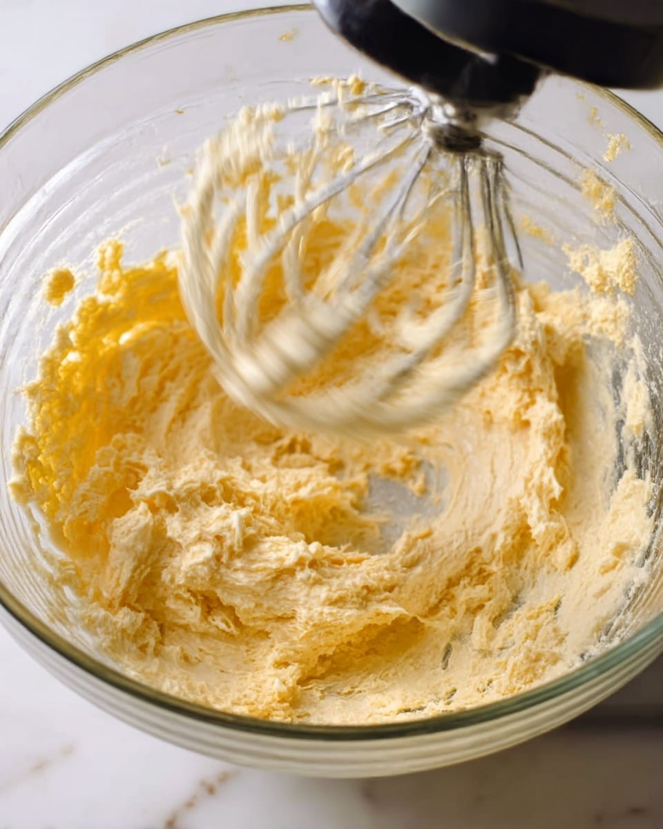 A close-up view of a clear glass bowl on a white marbled surface, filled with a creamy, pale yellow mixture being whipped by a metal whisk attached to a black mixer. The mixture has a soft, fluffy texture with some thicker clumps spread unevenly around the bowl’s inner sides, showing movement as the whisk spins rapidly in the center. The light catches the smooth ingredients creating a shiny look while the bowl’s ridged edges hold the mixture in place, with some small bits splattered near the top. photo taken with an iphone --ar 4:5 --v 7