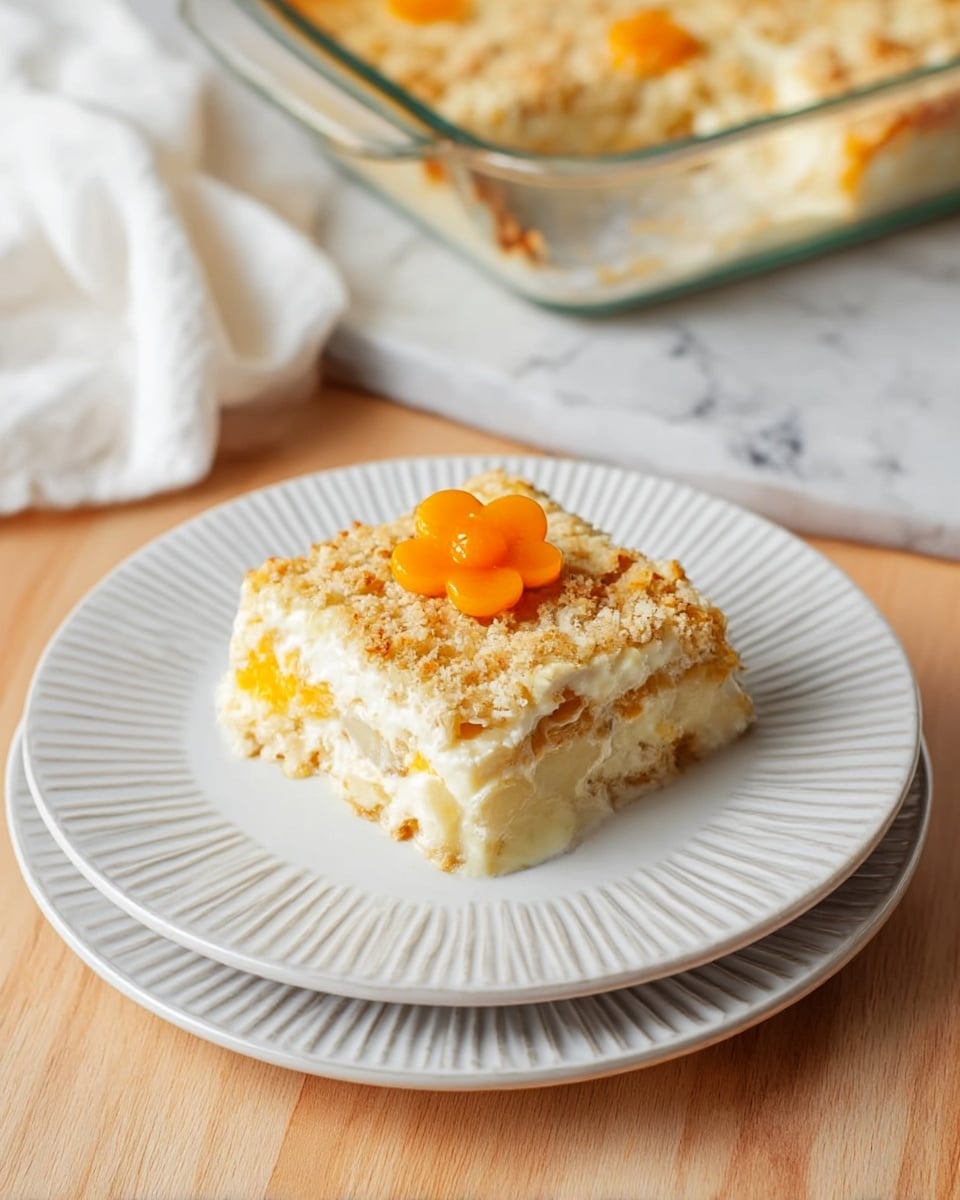 The image shows a clear glass baking dish filled with a layered dessert placed on a light wood surface with a white marbled texture visible nearby. The dessert has three visible layers: the bottom layer is creamy and off-white, the middle layer contains bright orange chunky pieces, and the top layer is a thick creamy white spread sprinkled with light brown crushed crumbs. On one side of the top, a small cluster of orange pieces shaped like flowers and other simple shapes is arranged as decoration. In the background, there are blurred yellow mango fruits. The overall look is moist and creamy with a textured topping. Photo taken with an iphone --ar 4:5 --v 7