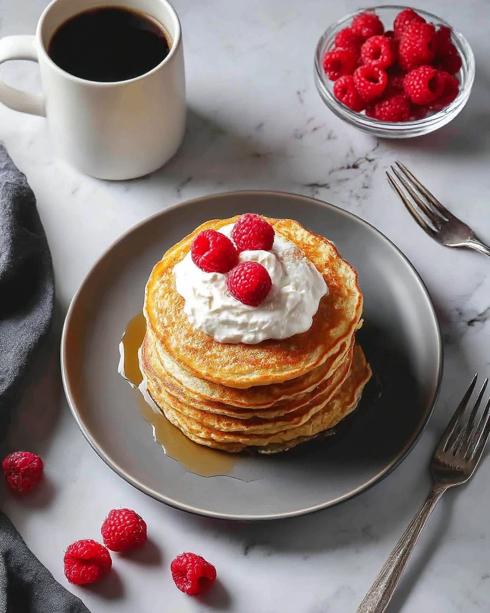 A tall stack of six golden-brown pancakes sits at the center of a white plate, with syrup slowly dripping down the sides. On top, there is a swirl of white whipped cream decorated with three bright red raspberries. More raspberries rest around the base of the stack on the plate. In the background, a gray cup filled with dark coffee and a gray cloth napkin are visible on a white marbled surface. A fork and knife lie beside the plate. The lighting highlights the warm texture and richness of the pancakes. Photo taken with an iphone --ar 4:5 --v 7