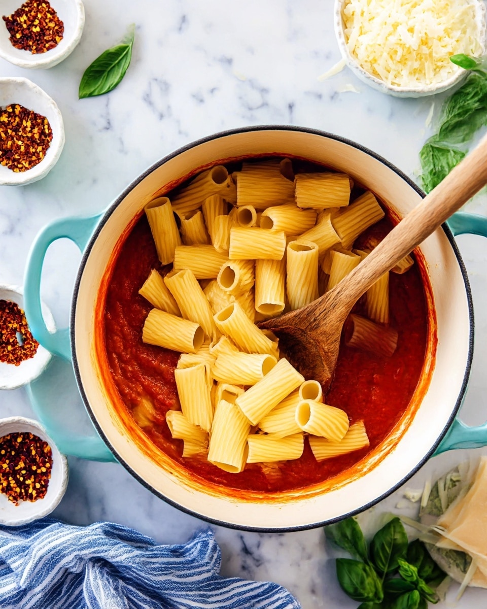 A light blue pot filled with bright orange rigatoni pasta coated in a smooth tomato sauce, topped with green basil leaves, thin green basil strips, and scattered thin white cheese slices. A wooden spoon is resting inside the pot, slightly lifting some pasta. Around the pot on a white marbled surface are a small white bowl of dark red chili flakes, a white bowl filled with thin white cheese slices, and a white bowl containing finely sliced basil. There is a blue and white striped cloth on the left side with a few loose green basil leaves scattered on the surface. photo taken with an iphone --ar 4:5 --v 7