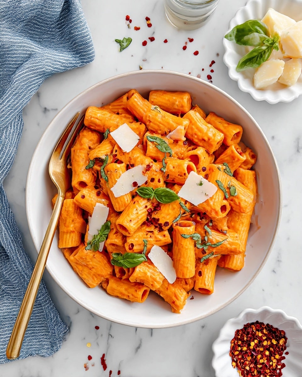 A white bowl filled with short tube-shaped pasta covered in a smooth orange sauce, topped with thin white cheese slices, fresh green basil leaves, and small red chili flakes sprinkled over. A gold fork rests inside the bowl on the left side, and the bowl sits on a white marbled surface. Nearby, there is a small white scalloped dish with more red chili flakes and a white bowl with more cheese slices. A blue and white striped cloth is in the top left corner. Photo taken with an iphone --ar 4:5 --v 7