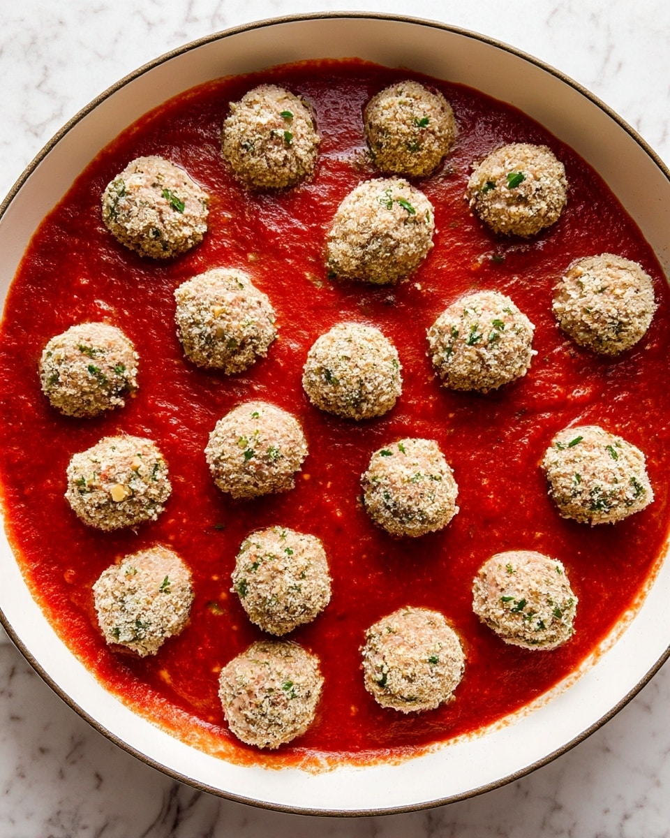 Two meatball sandwiches are shown on white paper with red stripes, placed on a white marbled surface. Each sandwich has three main visible layers: the top golden brown toasted bun, the middle layer with several round meatballs covered in chunky bright red tomato sauce and small green basil leaves, and the bottom layer of melted white cheese oozing slightly over the sandwich edge. Grated white cheese is sprinkled on top of the meatballs and sauce. In the background, there is a blurred white bowl of grated cheese and a glass of lemon water with ice. The photo is taken with an iphone --ar 4:5 --v 7