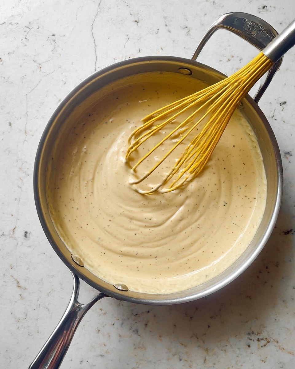 A top view of a large silver pan with two handles, filled with thick, creamy, light beige sauce with small black specks, being mixed by a yellow whisk. The sauce has a smooth texture with visible swirls from stirring. The pan sits on a surface with white marbled texture. photo taken with an iphone --ar 4:5 --v 7