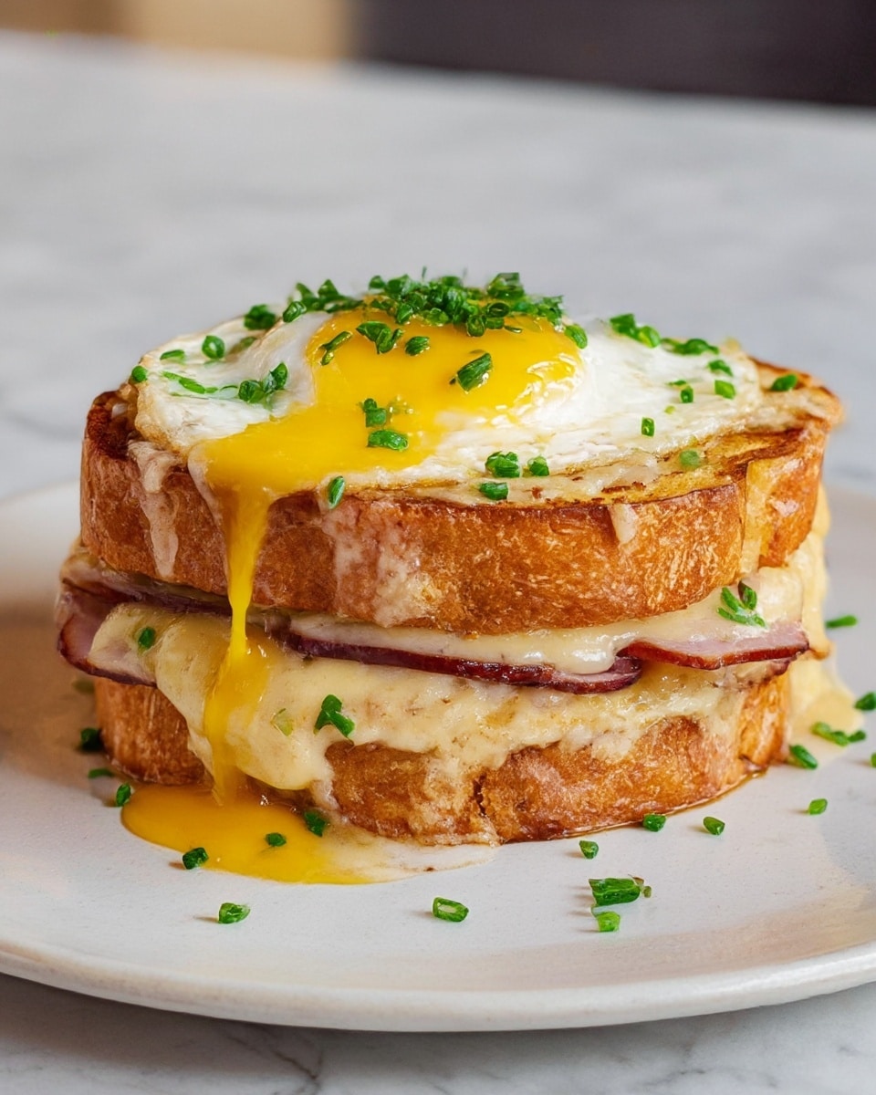 Two sandwich halves sit on a white plate with a dark edge, placed on a white marbled surface. Each sandwich has three clear layers: the bottom layer is a thick slice of light brown toasted bread, the middle layer is a generous stack of thin, pale pink deli meat, and the top layer is another slice of toasted bread covered with melted cheese that is golden yellow with some brown spots. On top of that, there are sunny side up eggs with bright yellow runny yolks and white edges, sprinkled with chopped green herbs. Photo taken with an iphone --ar 4:5 --v 7