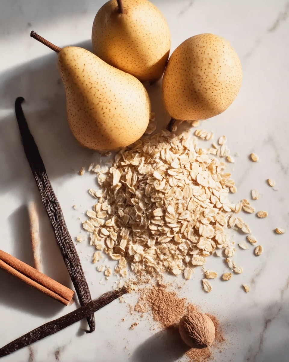 Three whole pears with a light brown speckled skin are placed near the top center resting on a white marbled surface. To the right of the pears, a large pile of uncooked oats spreads diagonally downward. To the left, a dark brown vanilla bean pod lies next to a brown cinnamon stick and a half nutmeg with some ground nutmeg powder scattered around. The scene is softly lit with natural light, showing fine textures on each element. Photo taken with an iphone --ar 4:5 --v 7