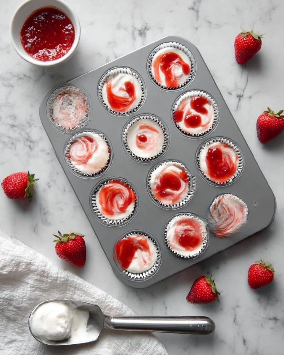 The image shows six small cheesecake cups arranged on a black wire rack over white parchment paper on a white marbled surface. Each cheesecake has three layers: a smooth, light beige cream cheese base layer filling the cupcake liners, a bright red strawberry jam layer spread on top, and some topped with fresh, halved strawberries with green leaves visible. There are also a few whole strawberries with green stems scattered around the cheesecakes, adding a fresh touch. Some cheesecakes have small crumb pieces sprinkled over the jam. One cheesecake liner is peeled back and resting nearby, revealing the creamy texture inside. photo taken with an iphone --ar 4:5 --v 7