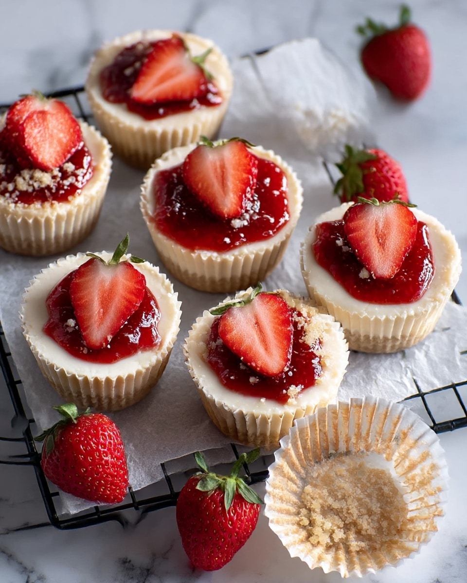 A gray muffin tray filled with nine cupcake cups, each holding a white creamy base with swirls of bright red strawberry sauce on top. Around the tray, there are four whole fresh strawberries placed on a white marbled surface. Below the tray, there is a white cloth with a metal scoop filled with white cream resting on it. A small white bowl with some red strawberry sauce is placed to the upper left side of the tray. photo taken with an iphone --ar 4:5 --v 7