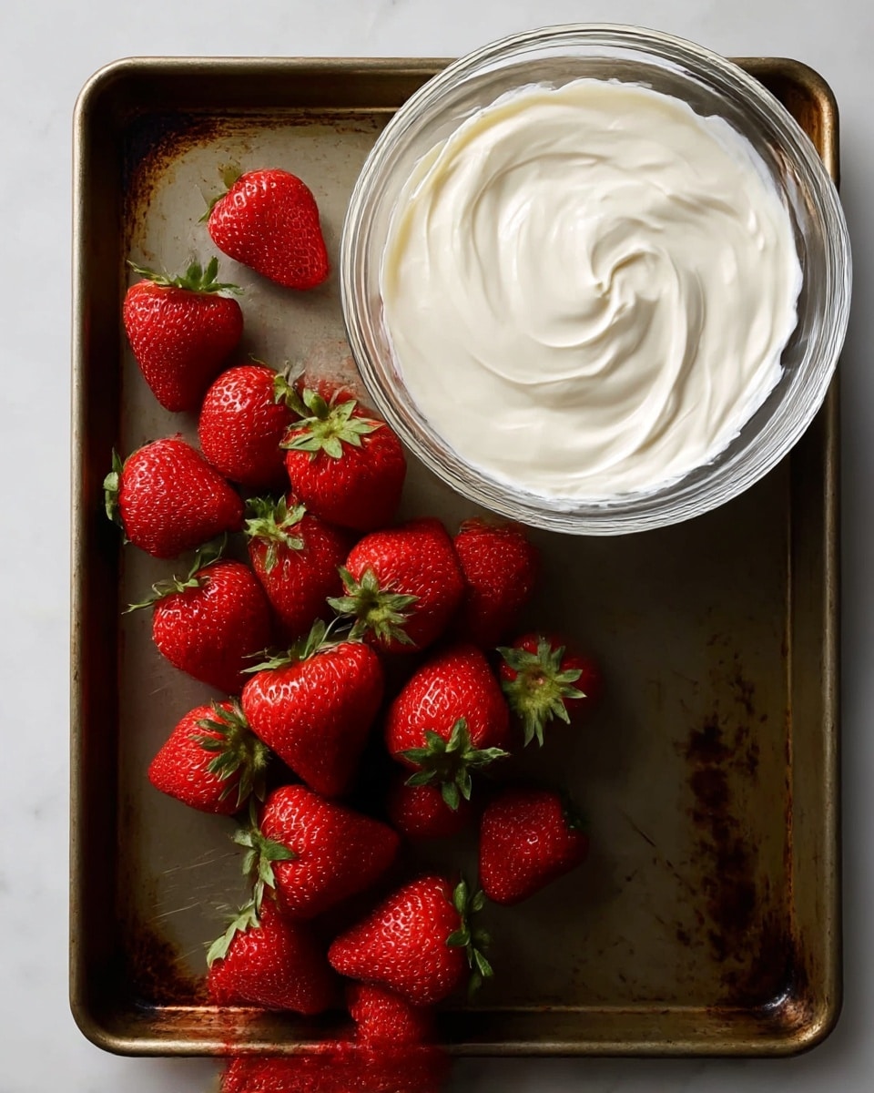 A metal tray holds about twenty bright red strawberries with green tops, arranged loosely in the center and bottom left. At the top right edge of the tray, there is a clear glass bowl filled with smooth, white cream that has soft swirls on the surface. The metal tray has a slightly worn look with some dark marks and scratches. The entire scene is set on a white marbled texture. photo taken with an iphone --ar 4:5 --v 7