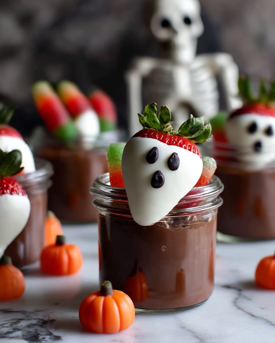 There is a metal baking tray with several fresh strawberries placed on it. Each strawberry is dipped in a smooth white coating, covering most of the bright red body but leaving the green leaves on top visible. Small dots and lines of dark chocolate are applied on the white coating of each strawberry to create simple faces resembling ghosts. The baking tray sits on a white marbled surface. The photo taken with an iphone --ar 4:5 --v 7