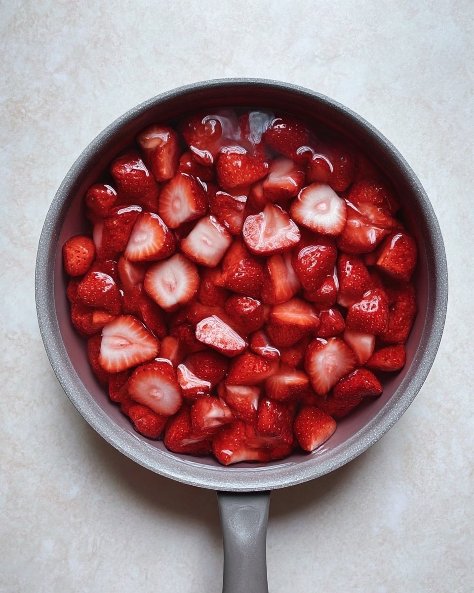 A gray pan filled with many pieces of red strawberries soaked in clear water, showing the white and red inside parts of the fruit against the smooth round edges of the pan, placed on a white marbled surface photo taken with an iphone --ar 4:5 --v 7