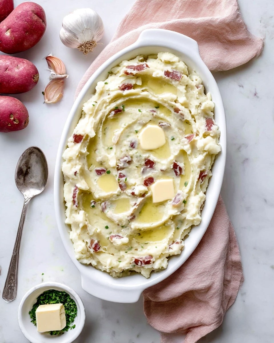 The image shows a white oval dish filled with creamy mashed potatoes that have chunks of brown potato skins mixed throughout. The top layer is swirled with melted butter, creating shiny yellow patches that contrast with the pale, fluffy texture of the potatoes. Small green bits of herbs are scattered inside the mash, adding color and texture. The dish sits on a white marbled surface with two red potatoes in the blurred background and some parsley leaves to the right. A silver spoon rests partially inside the dish. photo taken with an iphone --ar 4:5 --v 7