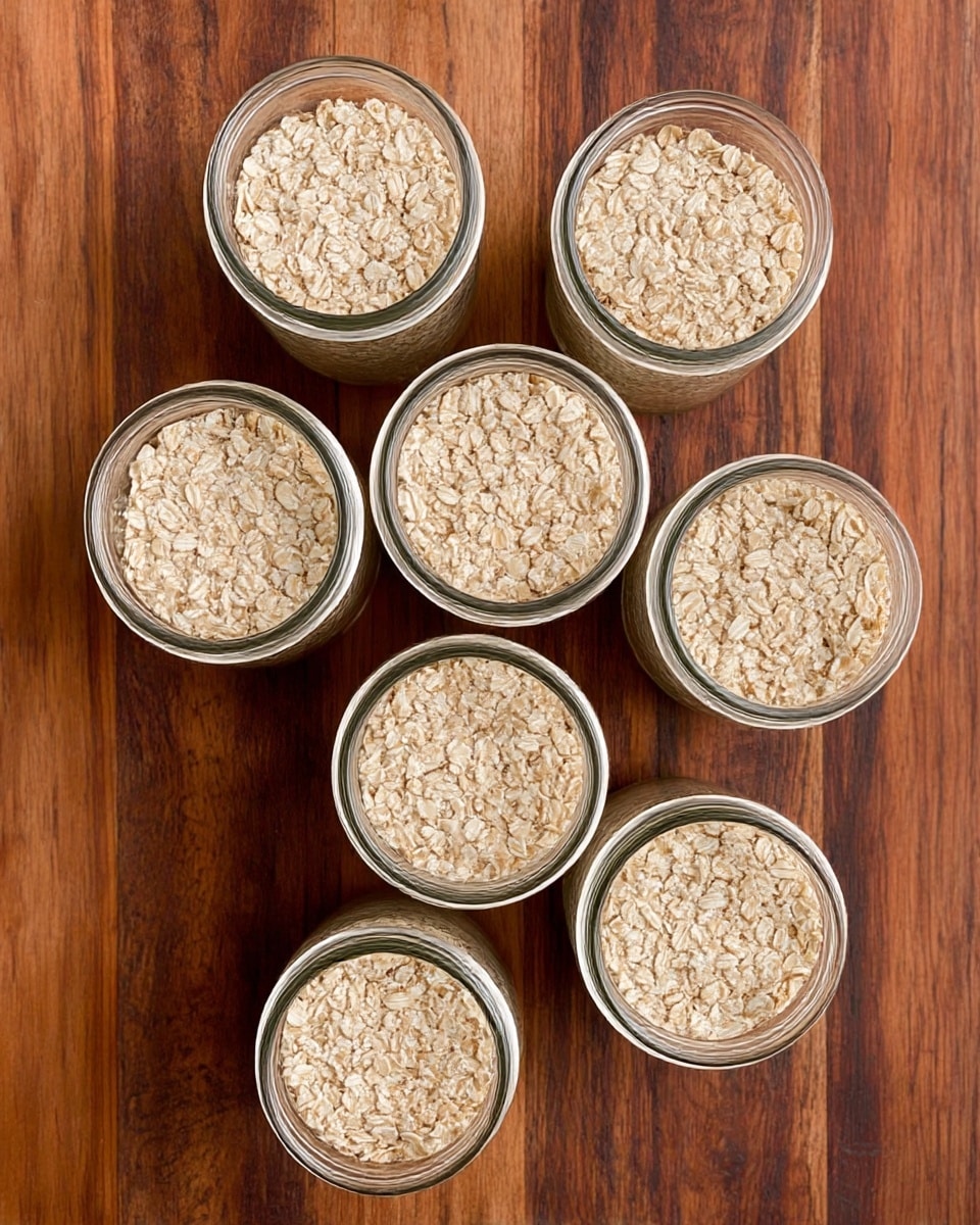 The image shows several clear glass jars filled with layered oatmeal mixed with milk and various fruits and nuts. Each jar has a creamy beige base with visible pieces of orange, green, and red fruits or nuts scattered throughout, creating a colorful texture with small chunks inside the smooth oats. Two jars have silver spoons inserted, one spoon lifting some oatmeal with red fruit pieces near the center. The jars sit closely together on a white marbled surface, with a wooden lid resting nearby and a bowl of rolled oats visible at the edge of the frame. The overall look is fresh, creamy, and textured with natural light highlighting the details photo taken with an iphone --ar 4:5 --v 7
