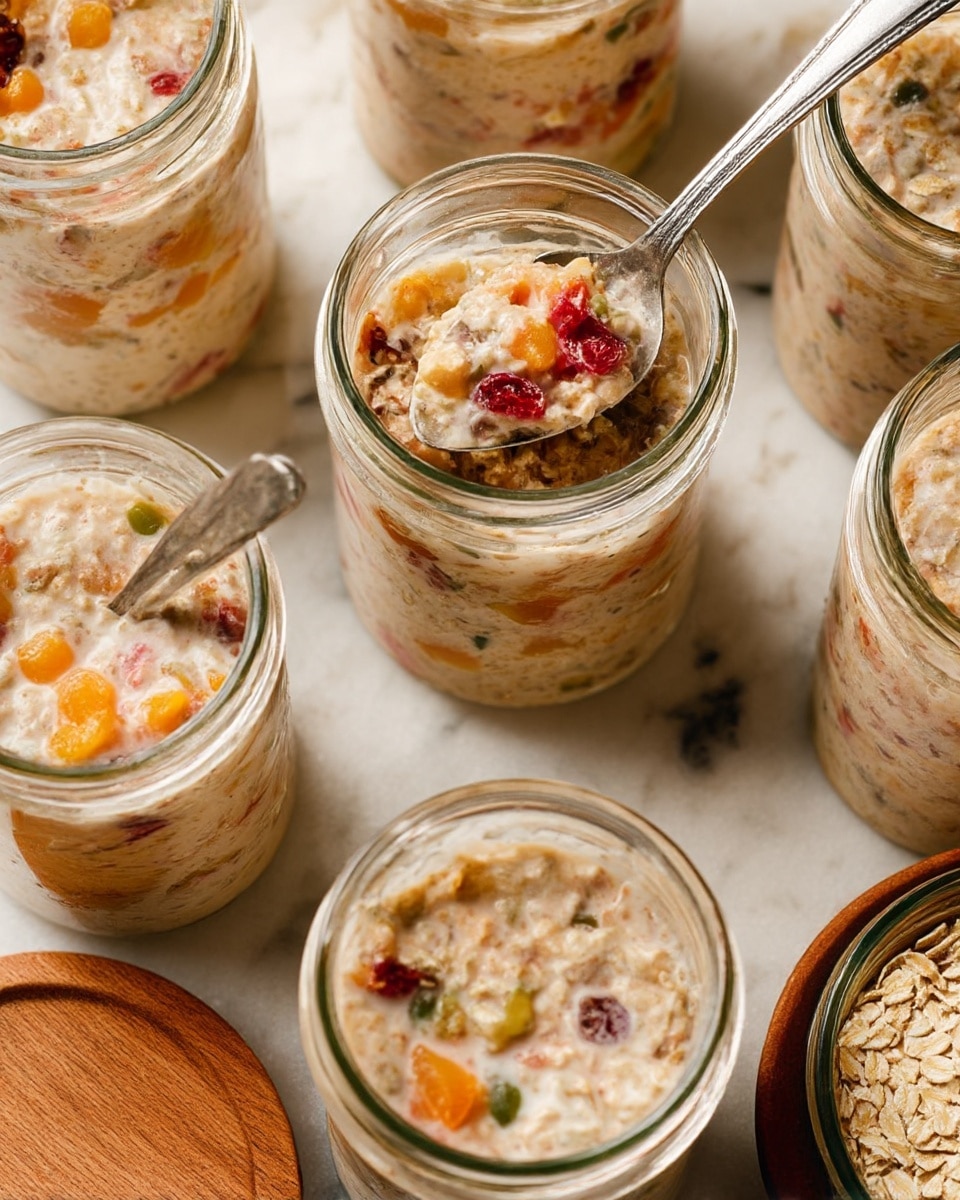 A top-down view of eight glass jars filled with light beige rolled oats, arranged in a loose circle on a warm brown wooden surface with natural grain patterns. Each jar shows the rough, slightly flaky texture of the oats tightly packed inside. The jars are clear with shiny rims and all are open from above, revealing the dry oats inside. No other items or colors are present on the wood. Photo taken with an iphone --ar 4:5 --v 7
