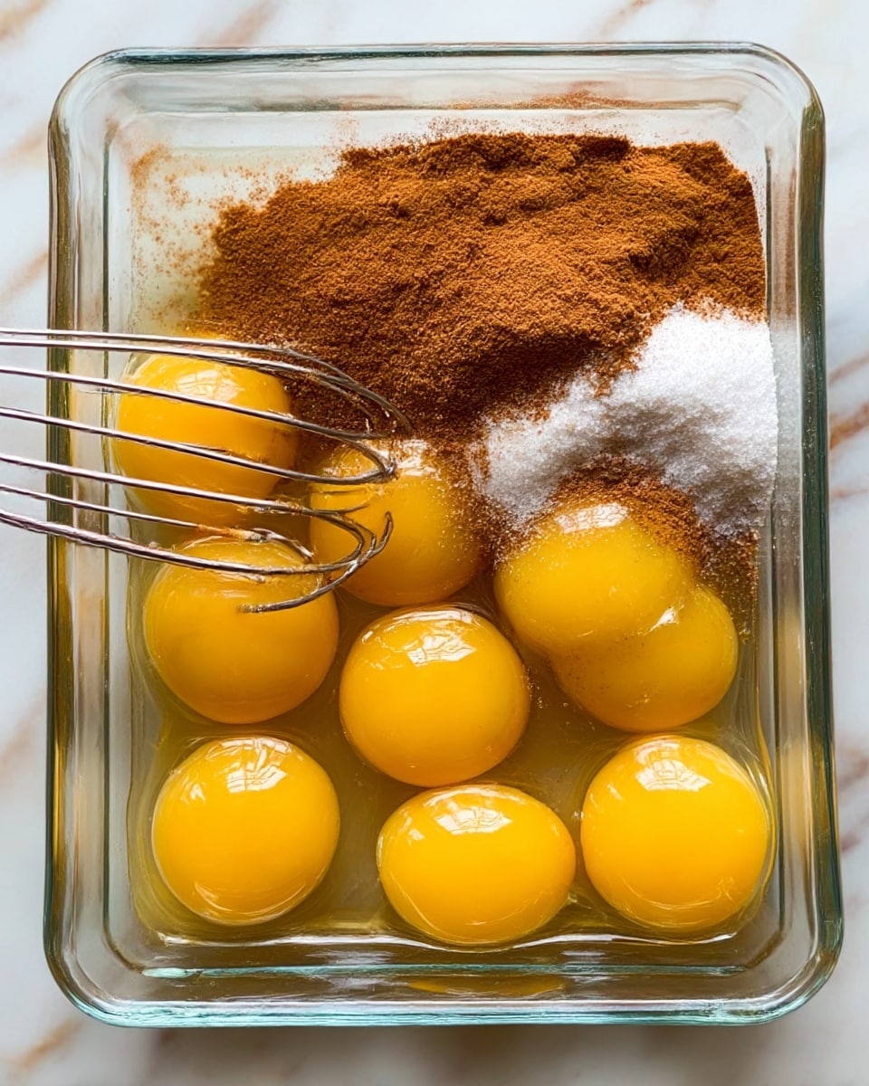 The image shows a white rectangular baking dish filled with three neat rows of golden-brown toasted bread slices, each piece slightly overlapping the next. The bread appears soft inside with a shiny glaze on top, giving it a warm, inviting look. In the background, there is a small white bowl filled with fresh strawberries and blueberries, and a glass of amber liquid, all placed on a white marbled surface. A dark blue textured cloth lies beside the dish, adding depth to the setting. photo taken with an iphone --ar 4:5 --v 7