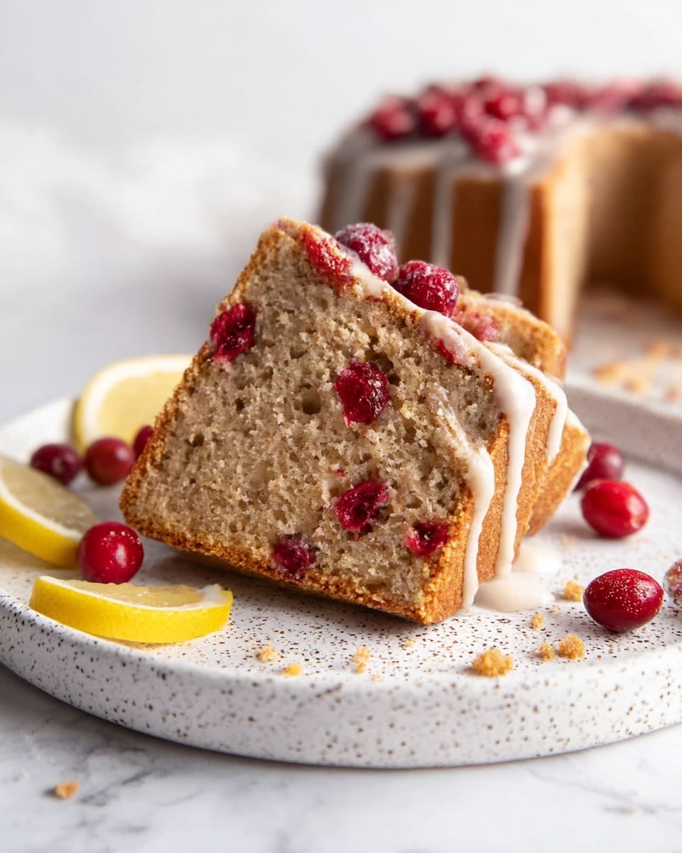The image shows a thick slice of light brown cake with visible red cranberries inside, placed on a white speckled plate. The cake has a rough texture and a light icing drizzle on top, with cranberries scattered around both on the cake and the plate. There are small yellow lemon wedges beside the cake and some crumbs on the plate. The background is a white marbled surface. photo taken with an iphone --ar 4:5 --v 7