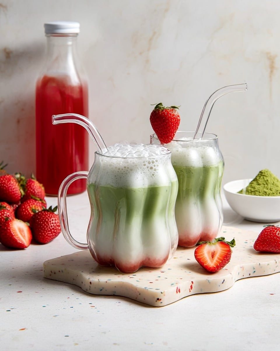 Two clear glass cups with wavy shapes sit on a light beige marble slab with small colored specks. Each cup has three layers: a bottom green layer, a middle white layer that mixes slightly with the green, and a thick, foamy white top layer with small bubbles. The cup on the right has fresh red strawberry placed on the rim. Both cups have clear curved straws. Around the slab are fresh strawberries, some whole and some sliced. In the background, a clear bottle with red liquid and a white cap and a white bowl of green powder are visible against a white marbled texture photo taken with an iphone --ar 4:5 --v 7