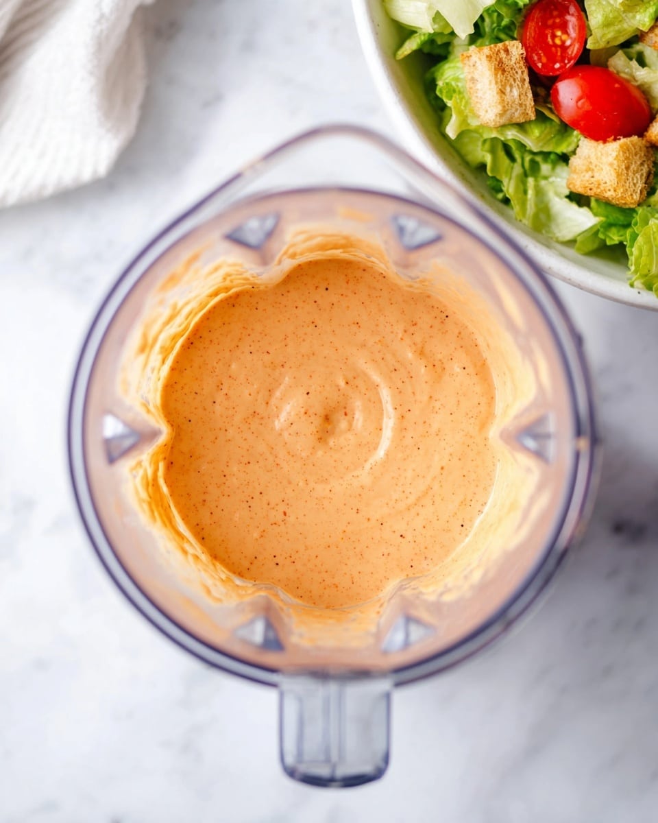 The image shows a clear blender container filled with smooth, creamy sauce of light orange color, with tiny specks of seasoning throughout. The sauce's texture looks thick and velvety, swirling gently in the center of the blender. On the right side, there is a partial view of a white bowl filled with a salad that has green lettuce leaves, small red cherry tomato halves, and light brown croutons. The whole setup is placed on a white marbled surface, creating a clean and fresh look. Photo taken with an iphone --ar 4:5 --v 7