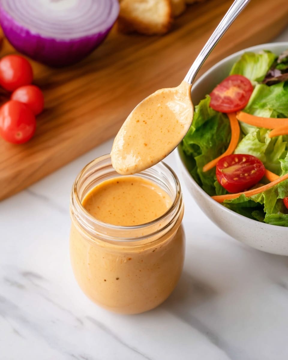 A small clear glass jar filled with creamy, light orange sauce with visible tiny herbs and spices mixed in. A silver spoon lifts a generous scoop of the sauce from the jar, showing its smooth and thick texture. To the right, a white bowl holds a fresh salad with green lettuce leaves, bright red cherry tomatoes, orange carrot slices, and a golden-brown crouton partly visible. On the left side, a wooden chopping board displays part of a purple onion and a few cherry tomatoes on a white marbled surface beneath everything. photo taken with an iphone --ar 4:5 --v 7