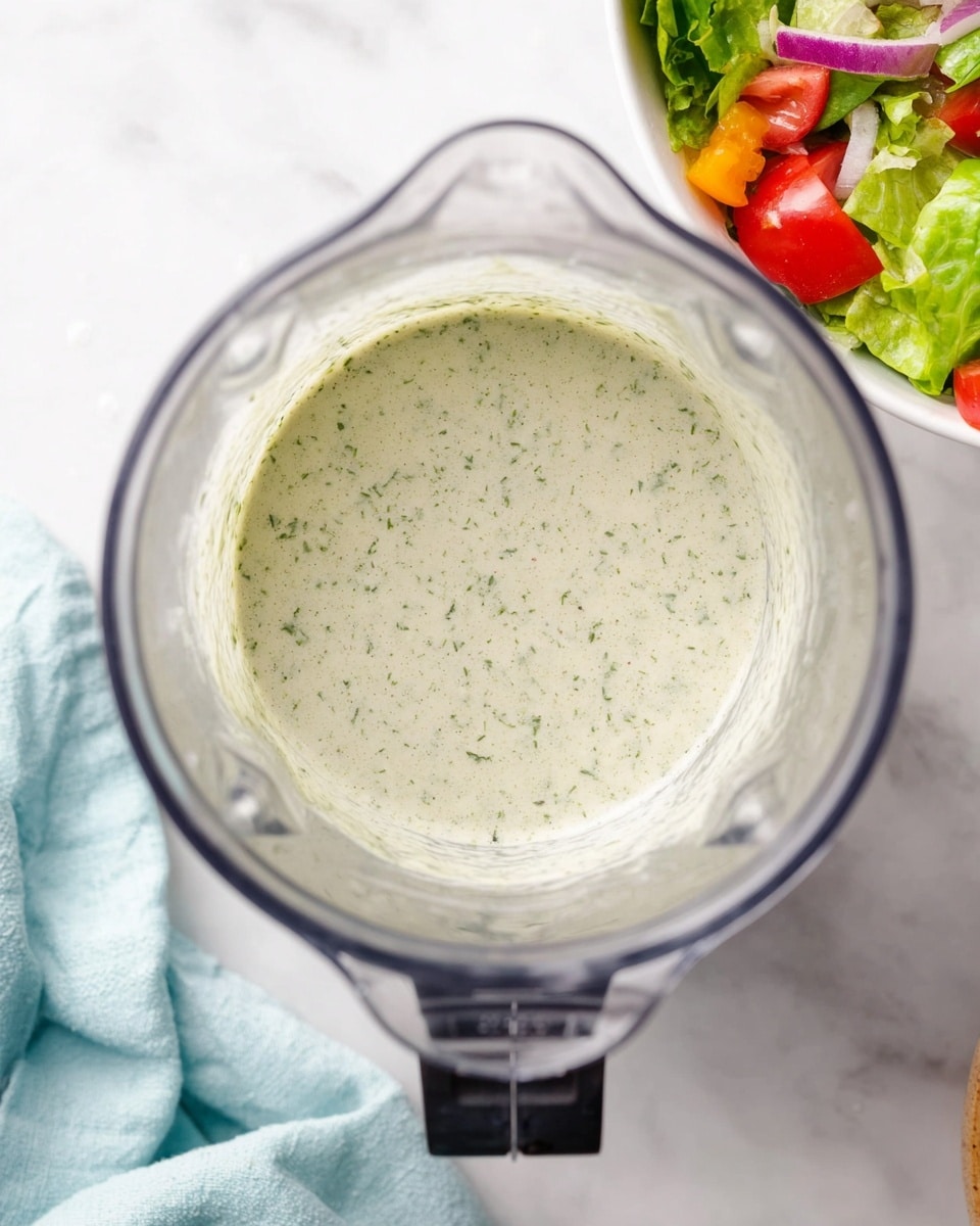 A clear blender pitcher filled with a creamy, pale green sauce that has small green herb flecks evenly mixed throughout. The blender is centered on a white marbled surface. In the top right corner, part of a white bowl with a fresh salad is visible, showing bright green lettuce, red grape tomatoes, orange small pieces, and bits of purple onion. A light blue cloth is softly placed on the bottom left edge of the image. photo taken with an iphone --ar 4:5 --v 7