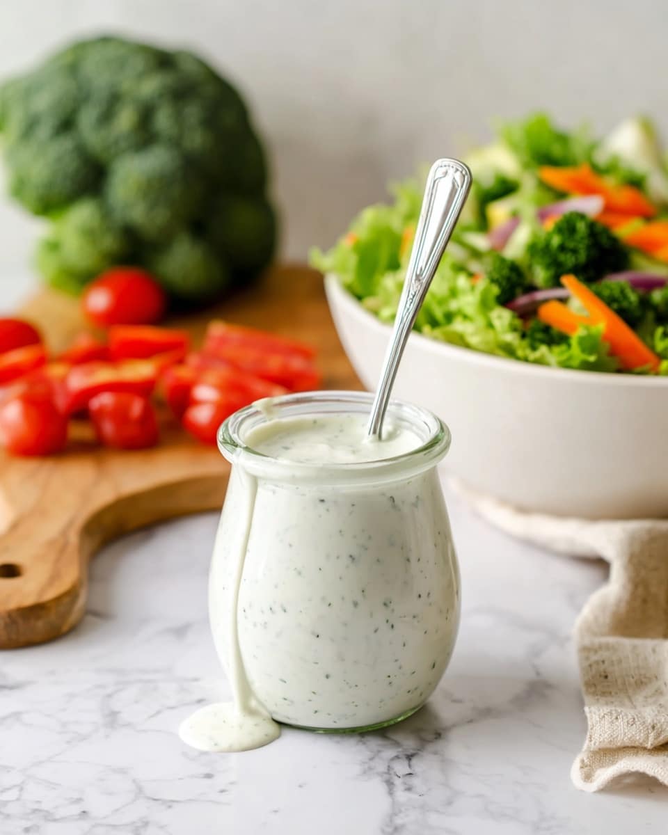 A small clear glass jar filled with white creamy dressing speckled with green herbs, with some dressing dripping slightly over the rim. A silver spoon stands upright in the jar. Behind the jar to the right is a white bowl with a green salad, showing leafy lettuce, red cherry tomatoes, and orange carrot pieces. To the left in the background, a whole green broccoli head and some whole and sliced red cherry tomatoes rest on a wooden board. The setting is on a white marbled surface. photo taken with an iphone --ar 4:5 --v 7