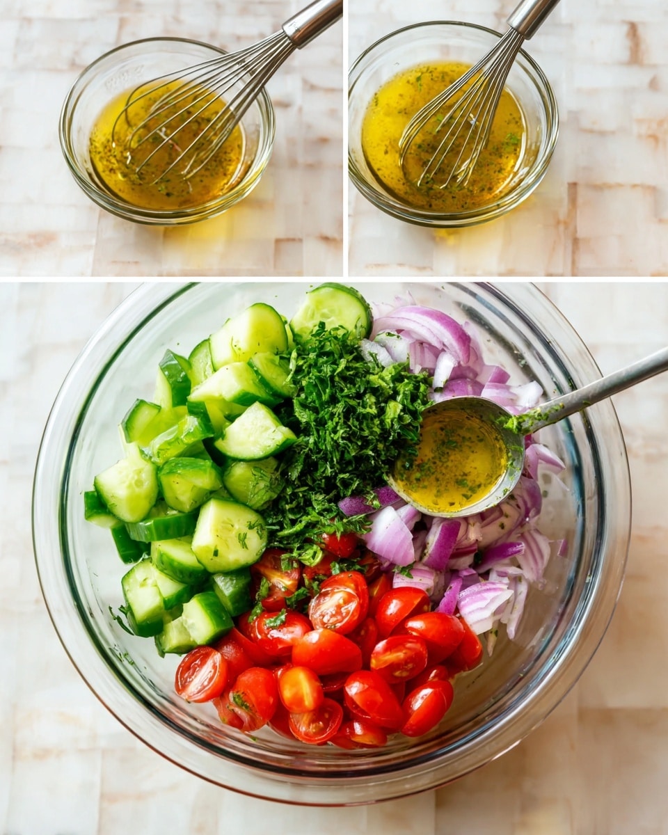 A clear glass bowl sits on a white marbled surface, filled with layers of fresh vegetables: bright green cucumber slices arranged at the front, medium-sized chunks of green bell pepper to the right, halved small red cherry tomatoes, thinly sliced red onion with a light purple color, and a bunch of finely chopped green herbs on top. Nearby, a small glass bowl contains a shiny, golden-yellow vinaigrette dressing with a metal whisk inside. In the next step, a woman's hand pours the golden dressing onto the vegetables in the clear bowl. Finally, a fork mixes the colorful salad, blending the cucumber, tomatoes, green peppers, onions, and herbs together, all sitting on the bright white marbled surface photo taken with an iphone --ar 4:5 --v 7