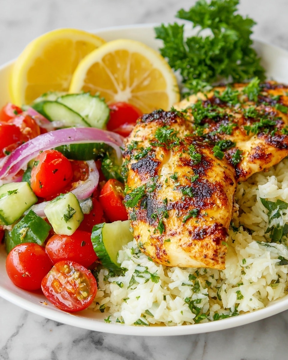 A white plate holds three main layers: at the bottom is a bed of fluffy rice mixed with green herbs, topped with a piece of grilled chicken breast showing a golden brown color with black grill marks and sprinkled with chopped green herbs. On the side of the chicken is a fresh salad made of bright red cherry tomatoes, sliced green cucumbers, thin slices of red onion, and green bell pepper pieces, all mixed with herbs and light dressing. A lemon wedge sits behind the chicken, and a small sprig of green parsley adds a pop of color near the salad. The plate is set on a white marbled surface. photo taken with an iphone --ar 4:5 --v 7