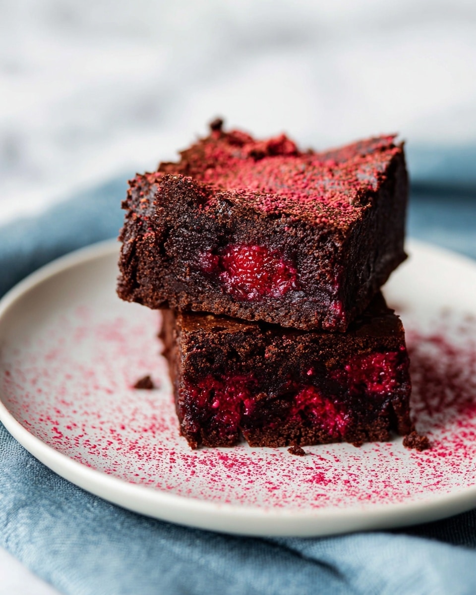 A close-up view of a batch of six dark chocolate brownies arranged in two rows of three on a white marbled surface, with one brownie slightly lifted above the others by a woman's hand, showing its rich, dense, and moist texture inside. The tops of all the brownies have a cracked, textured surface dusted unevenly with bright pink powder, adding a vibrant contrast to the deep brown color. Crumbs are scattered around the brownies, enhancing the homemade feel of the scene. photo taken with an iphone --ar 4:5 --v 7