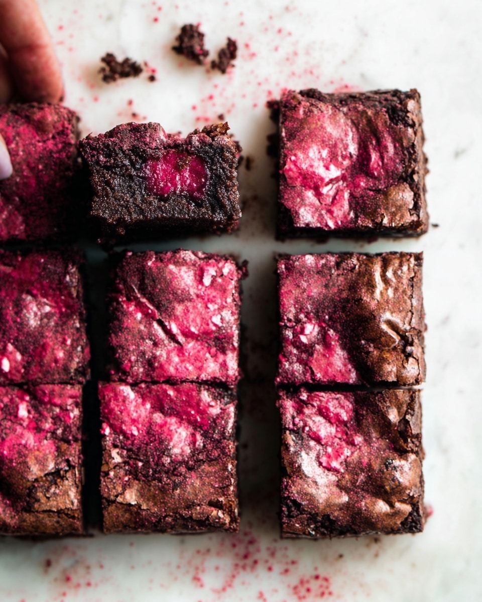 Two square pieces of rich dark chocolate brownie stacked on top of each other on a white plate. The brownies have a moist and dense texture with visible bits of red fruit inside, possibly raspberries. The top brownie has a light dusting of red powder, which is also sprinkled around the plate. The plate sits on a folded blue cloth over a white marbled surface. The photo taken with an iphone --ar 4:5 --v 7