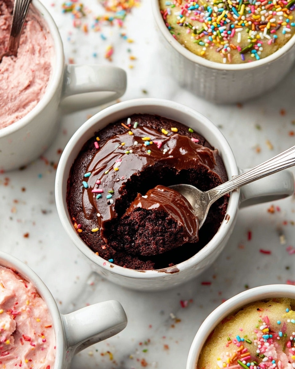 The image shows four white mugs on a white marbled surface, each holding a different type of mug cake. The front right mug contains a chocolate cake topped with a smooth, thick layer of dark chocolate frosting and colorful sprinkles scattered on top. Behind it, the back right mug holds a light pink cake layer without frosting. The bottom left mug has a white cake with colorful sprinkles mixed into the cake, almost like confetti. The back left mug, partially shown, contains a red velvet cake layer with a spoon inside. Sprinkles are scattered on the surface around the mugs. To the right, there are three silver spoons and a white textured cloth. Photo taken with an iphone --ar 4:5 --v 7