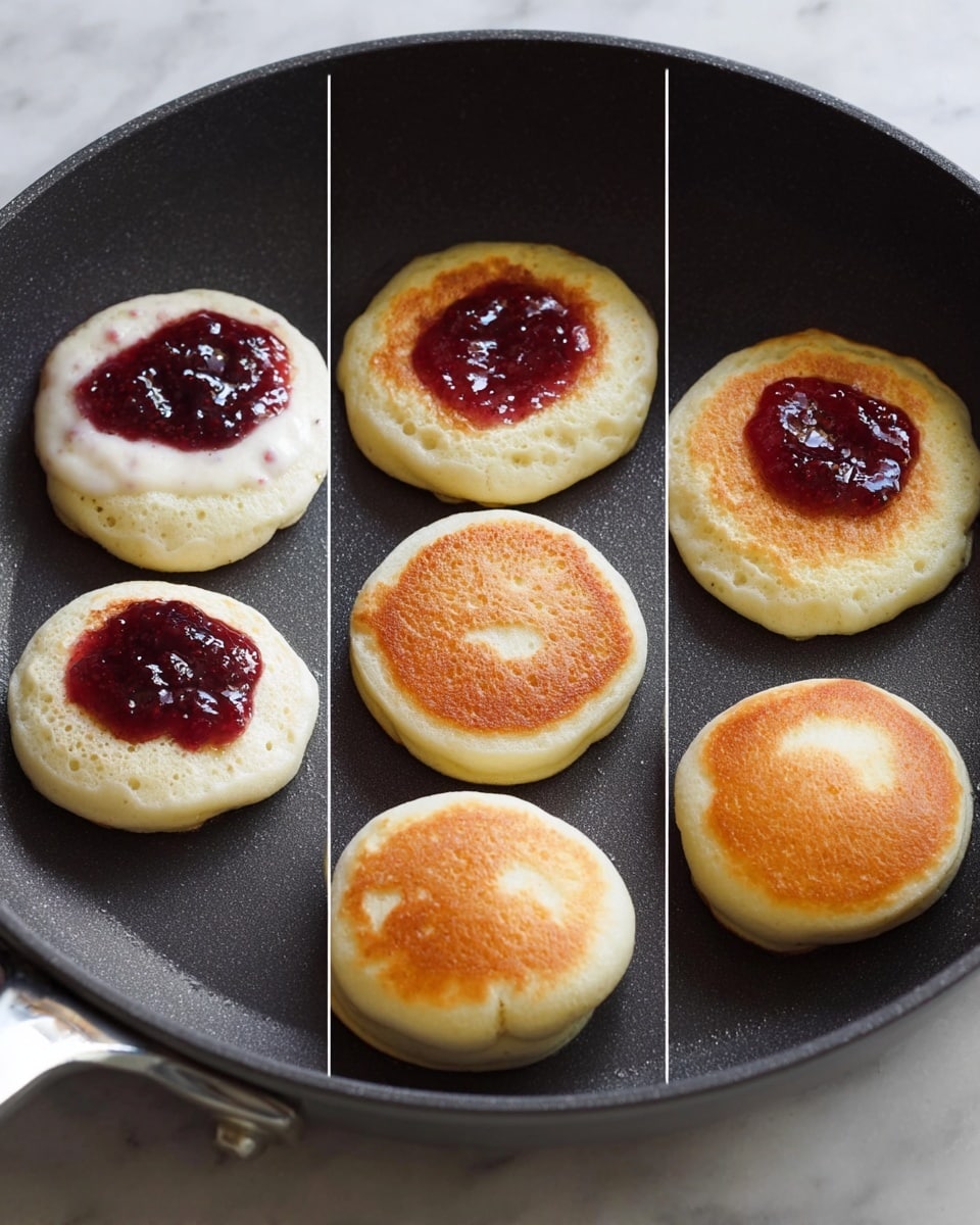 The image shows a cooking pan with six small round pancakes in three stages. The first stage has light yellow pancake batter with dark red jam added in the center of each. In the second stage, the pancakes have bubbles on their surface and look fluffy, covering the jam inside. In the last stage, the pancakes have turned golden brown and puffed up, showing a soft texture with a slight shine on the pan's surface, which is dark gray. The whole pan is set on a white marbled surface. photo taken with an iphone --ar 4:5 --v 7