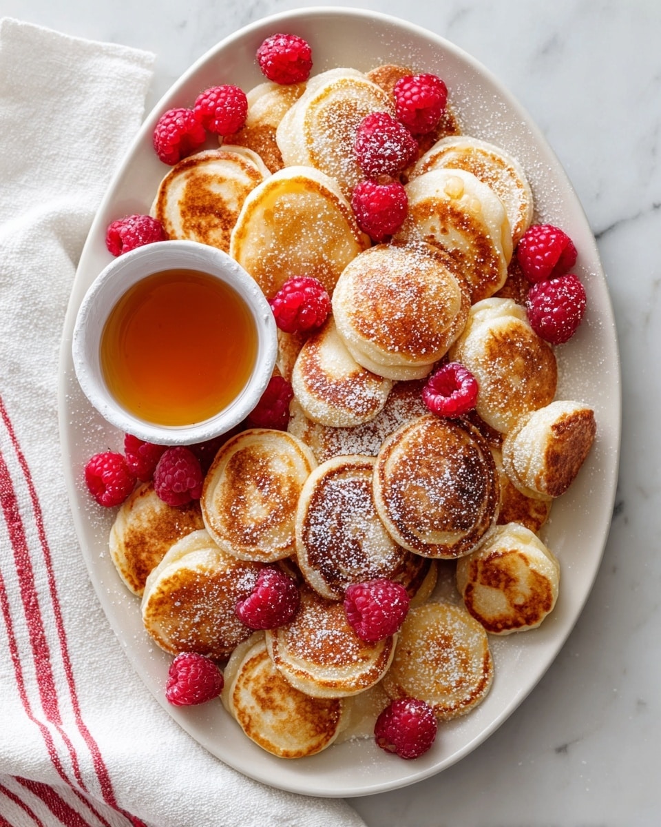 A white oval plate holds about 25 small, golden brown, round pancakes with a soft, slightly fluffy texture. Each pancake is dusted lightly with white powdered sugar. Scattered among the pancakes are bright red raspberries, adding a fresh look and a pop of color. Near the center of the plate is a small white bowl filled with amber-colored syrup, surrounded by some pancakes and raspberries. The plate sits on a white marbled surface with a white cloth with red stripes partly visible on the side. photo taken with an iphone --ar 4:5 --v 7