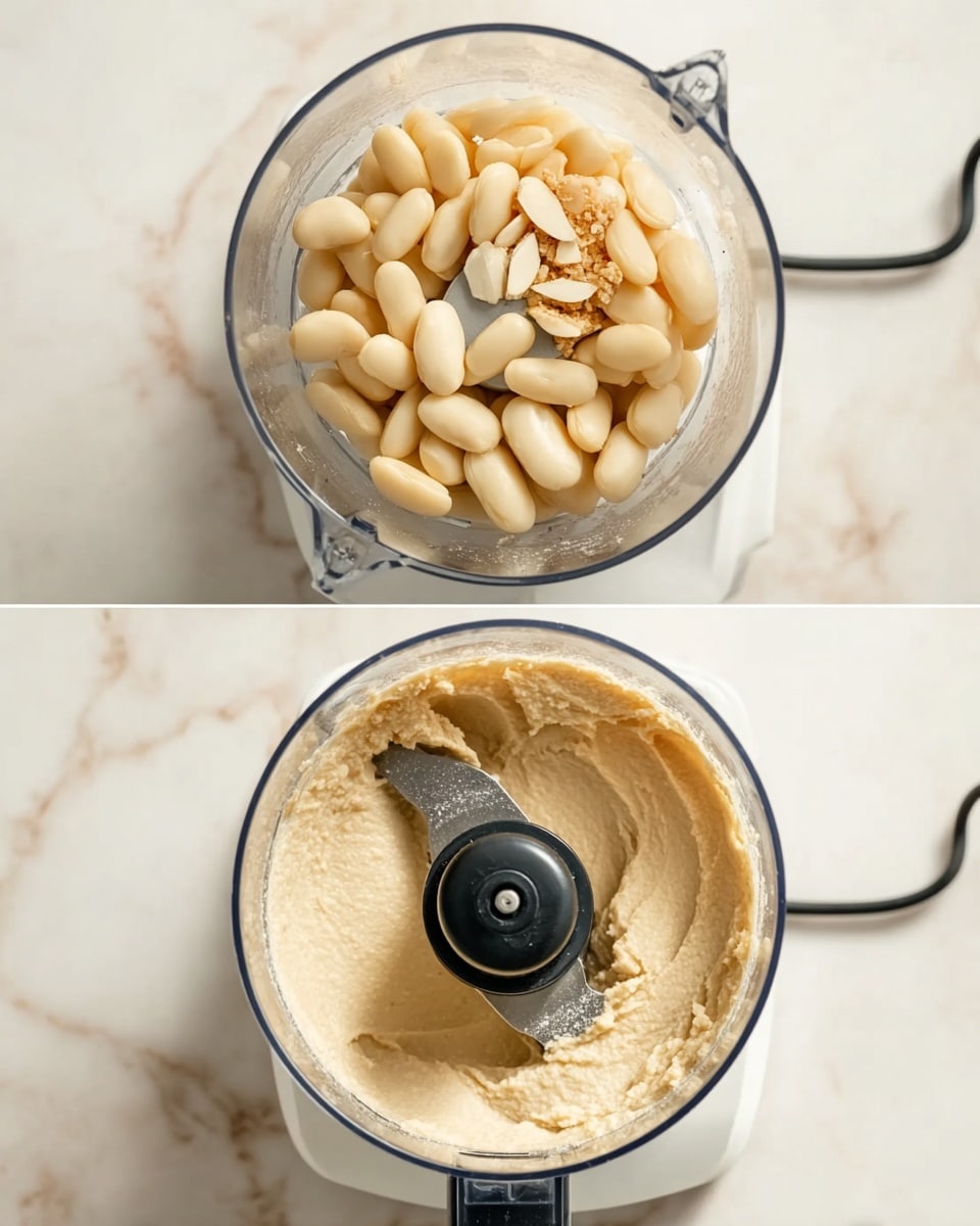 A smooth, creamy light beige mash fills a white bowl, with soft, uneven textures showing slightly coarse blending. Small, bright green chopped chives are scattered on top, adding a fresh pop of color. A wooden spoon is partially dipped into the mash on the right side, showing the thick consistency of the dish. The bowl sits on a white marbled surface, giving a clean and elegant look. photo taken with an iphone --ar 4:5 --v 7