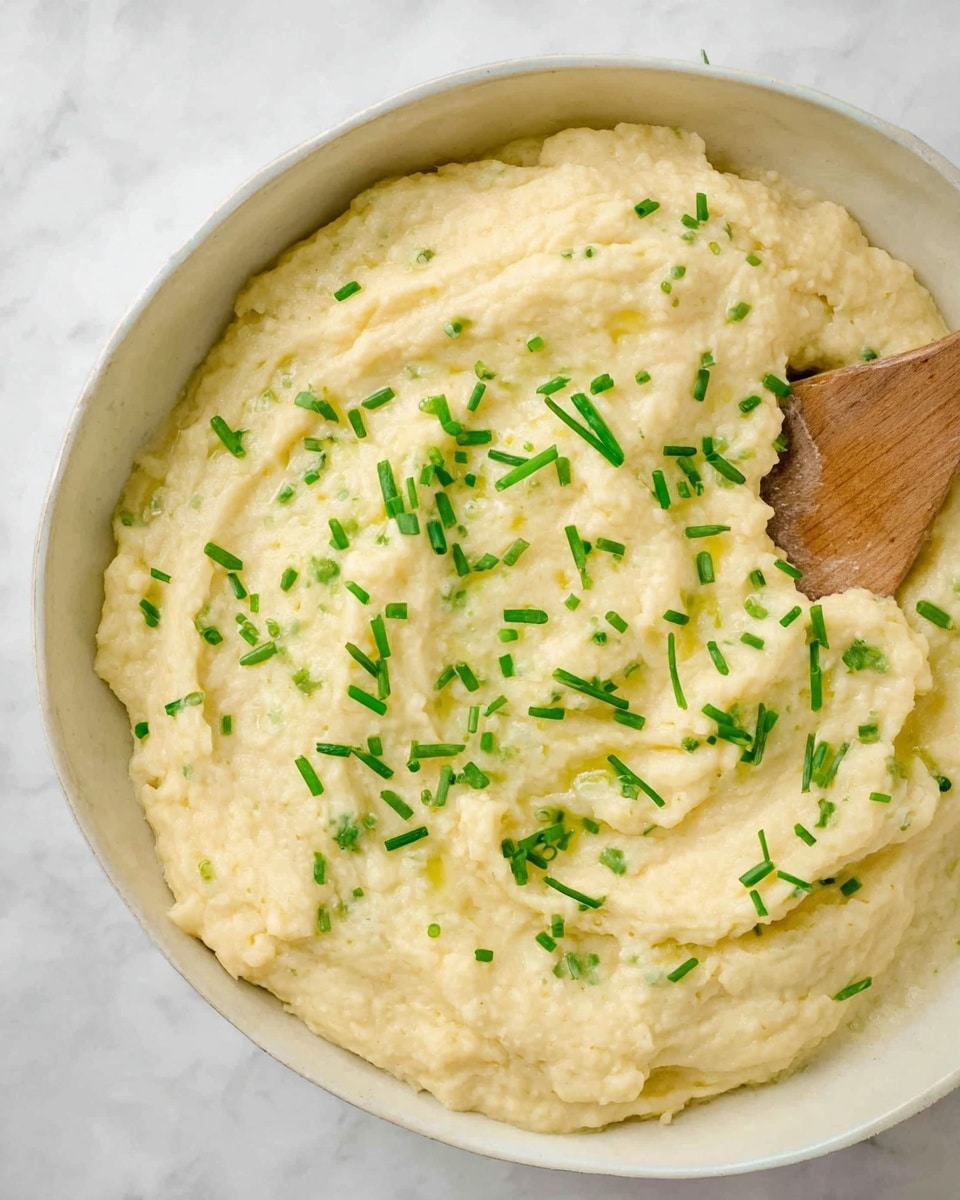 A white bowl filled with creamy, light beige mashed potatoes topped with small green chive pieces scattered across the surface. In the center, there are three whole cloves of white garlic and a small sprig of green rosemary, along with a few golden brown toasted garlic slices. A silver spoon rests on the right side, slightly scooping into the mashed potatoes to show its smooth but chunky texture. The bowl is set on a white marbled surface with a blurred green herb in the background and a garlic clove nearby. Photo taken with an iphone --ar 4:5 --v 7