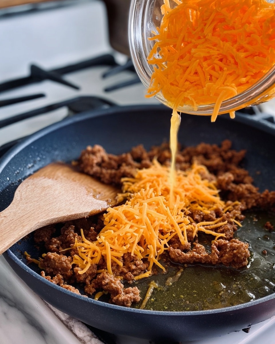 The image shows shredded orange cheese being poured from a clear glass bowl into a dark non-stick skillet. Inside the skillet, there is a layer of cooked, crumbled brown ground meat sizzling in oil, with a wooden spatula resting on the edge of the pan. The background features a stove and a white marbled surface. The scene captures the moment just before the cheese mixes with the meat in the skillet photo taken with an iphone --ar 4:5 --v 7