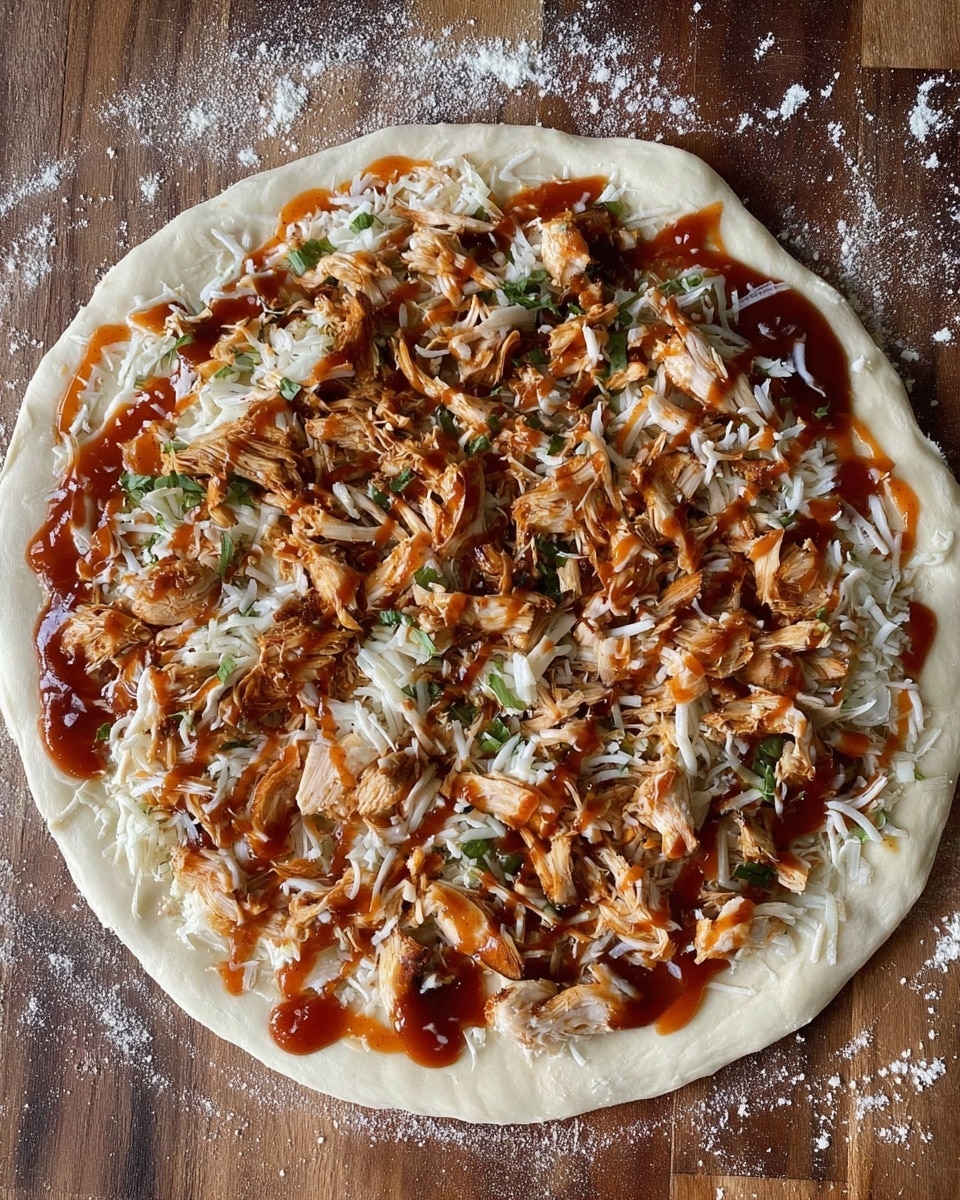 A round pizza dough with a thick off-white crust spread with a thin layer of reddish-orange sauce topped with shredded white cheese scattered all over. On top of the cheese are chopped pieces of light brown cooked chicken mixed with greenish leafy bits and more dark reddish sauce drizzled unevenly. The pizza is placed on a wooden surface with some flour around the edge. photo taken with an iphone --ar 4:5 --v 7