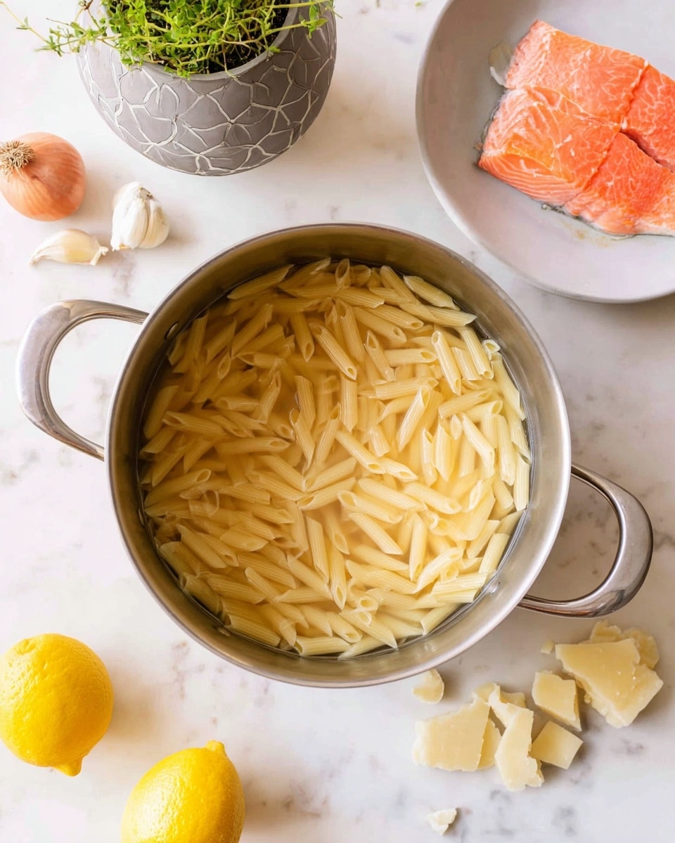 This close-up image shows a creamy pasta dish with three main visible layers. The base layer is made of pale yellow penne pasta with a smooth texture, spread evenly across. The second layer consists of chunky pieces of orange salmon scattered across the pasta, showing a soft and slightly shiny texture. On top, there are small bits of green onion and white shredded cheese sprinkled, adding small pops of color and a fine, delicate texture on the creamy surface. The dish appears moist and rich, all resting on a white marbled texture under soft natural light. Photo taken with an iphone --ar 4:5 --v 7