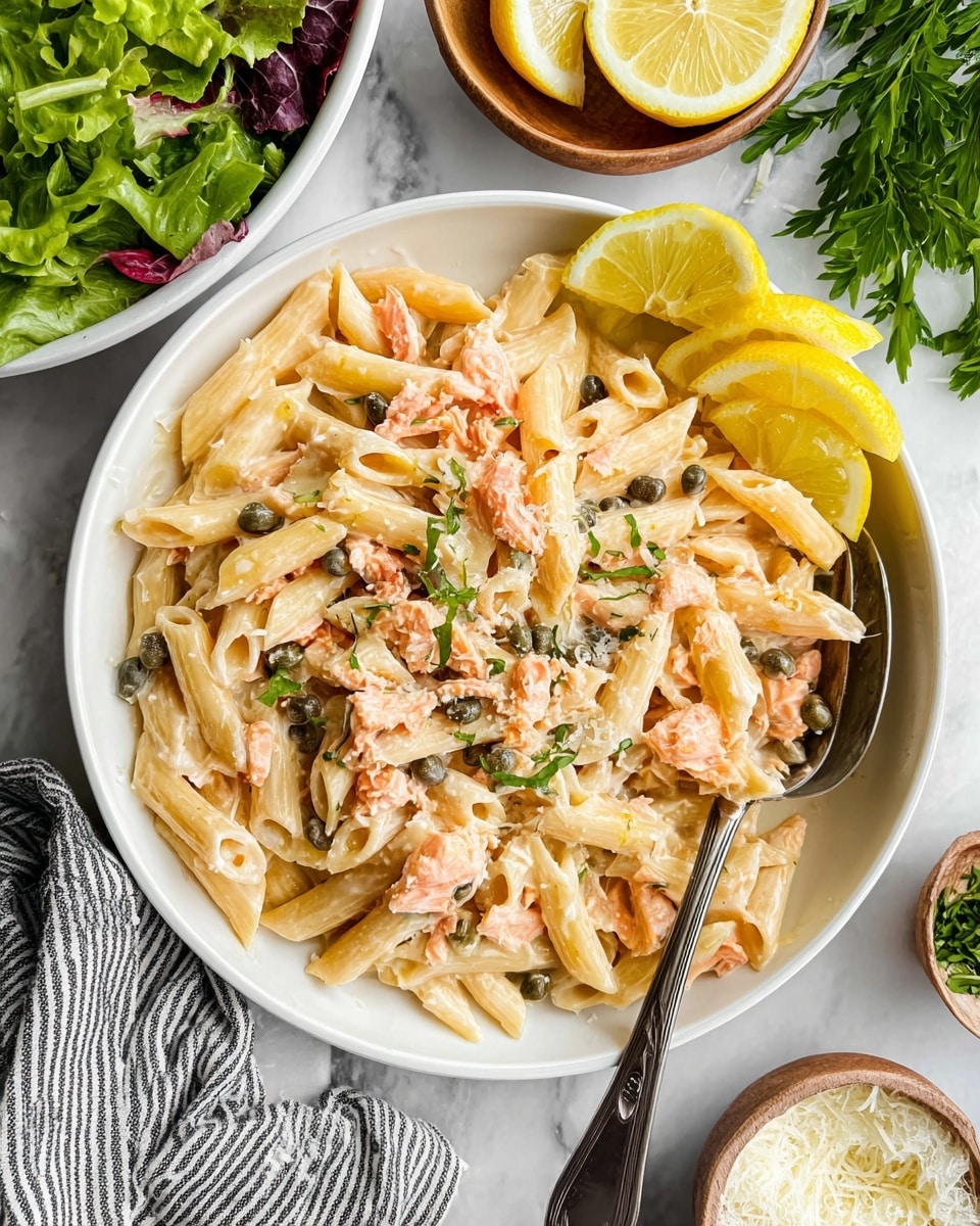 A silver pot is filled with pale yellow penne pasta submerged in clear water. Around the pot, on a white marbled surface, there is a white bowl with a piece of pink cooked salmon on the top right. To the top left, there is a potted green plant with a geometric pot, a whole small onion, and cloves of garlic. At the bottom left, there are two halves of a yellow lemon and broken pieces of pale yellow cheese scattered near them. Photo taken with an iphone --ar 4:5 --v 7